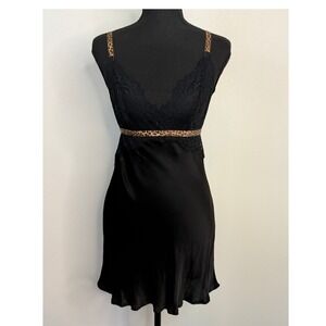 Intimissimi Black Lace Satin Slip Dress Leopard Print Trim Small